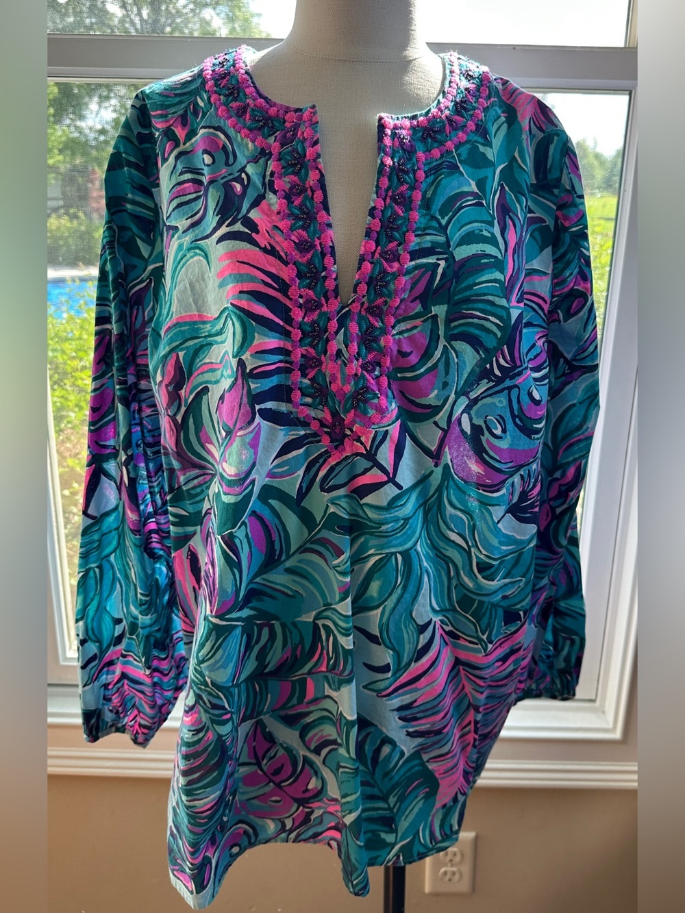 Lilly Pulitzer 100% Cotton Coretta Tunic Top, Seasalt Blue Don’t Wanna Leaf, XL